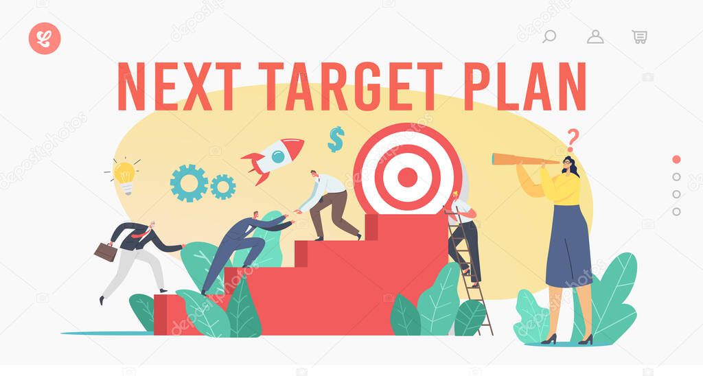 Next Target Plan Landing Page Template. Business Characters Team Climbing Stairs. Business People Reach Aim, Teamwork