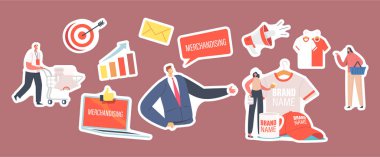 Bir dizi çıkartma tüccarı. Marka Kimliği Tanıtım Ürünleri Karakterleri. İş Adamı Sunar: Tişört