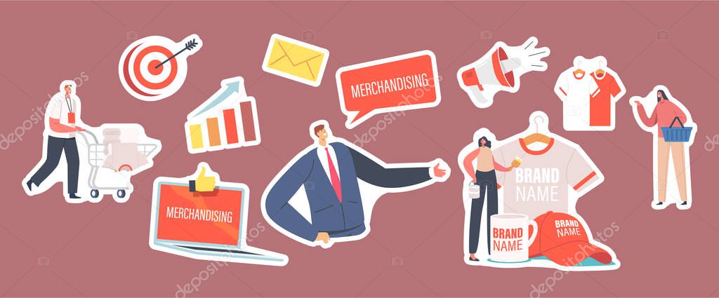 Set of Stickers Merchandising Theme. Characters with Promotional Products for Brand Identity. Businessman Presenting Company, T-Shirt, Cap and Mug with Brand Logo. Cartoon People Vector Illustration