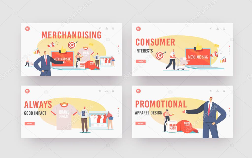 Merchandising Landing Page Template Set. Tiny Characters with Huge Promotional Products for Brand Identity. Businessman Presenting Company T-Shirt, Cap and Mug. Cartoon People Vector Illustration