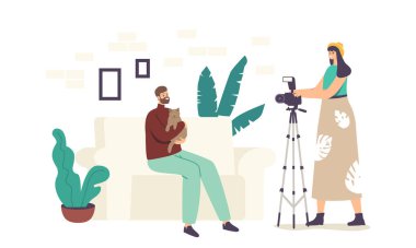 Fotoğrafçı Kadın Karakter Stüdyoda Profesyonel Ekipmanlı Kucaklayan Kedi Fotoğrafı Çekiyor