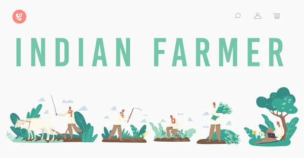 Modelo de página de desembarque do agricultor indiano. Homens rurais em roupas tradicionais Campo de sopro por vaca, plantação e colheita —  Vetores de Stock