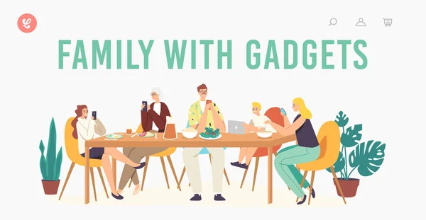 Família com Gadgets Landing Page Template. Personagens Sofrendo de Dependência de Mídia Social. Pais, Avózinha e Crianças —  Vetores de Stock