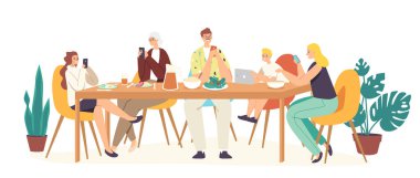 Sosyal Medya Bağımlılığı Aile Izdırabı. Ebeveynler, büyükanneler ve çocuklar akıllı telefonları kullanarak evde birlikte oturuyorlar.