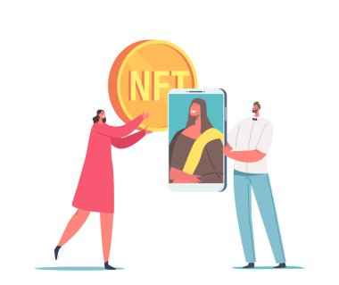 Dev NFT Parası ve Akıllı Telefon Ekranında Başyapıtı olan Küçük Kadın Karakteri. İnsanlar Para Vermeyen Jeton Kullanıyor