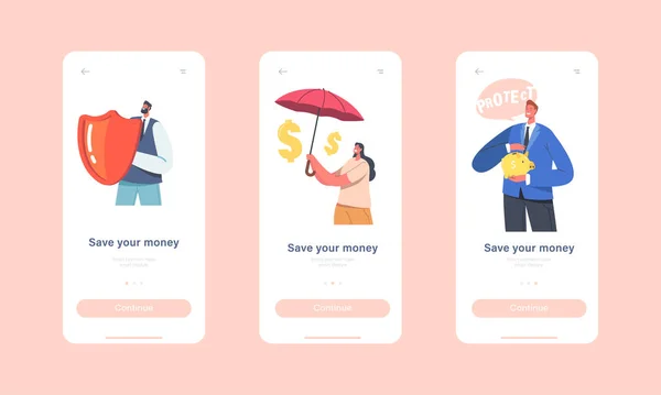 Uložte šablonu aplikace Money Mobile App Page na obrazovce. Podnikatelé Postavičky stojí pod deštníkem s Piggy Bank — Stockový vektor