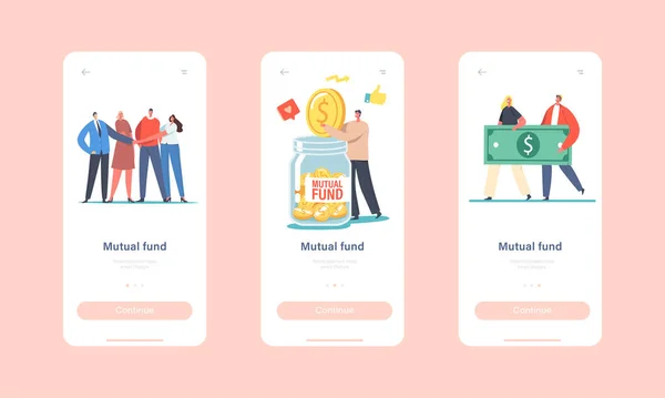 Fundo mútuo Mobile App Page Modelo de tela a bordo. Colegas de escritório Personagens Junte-se a Mãos, Ajuda Financeira —  Vetores de Stock