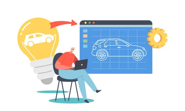 Designer Man karaktär inkarnera idé om Automobile modell Prototypning i datorprogram. Skapande av transporter — Stock vektor