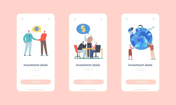 Offres d'investissement Page d'application mobile Modèle d'écran de bord. Personnages des gens d'affaires Partenariat et collaboration — Image vectorielle