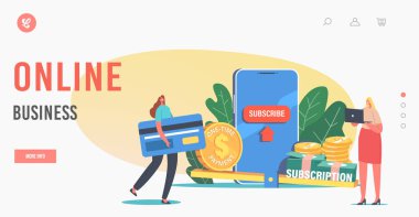 Çevrimiçi İş İniş Şablonu. Tiny Women, Devasa Akıllı Telefon Üyelik Düğmesi 'ndeki Banka Kartıyla Dizüstü Bilgisayarda Çalışıyor