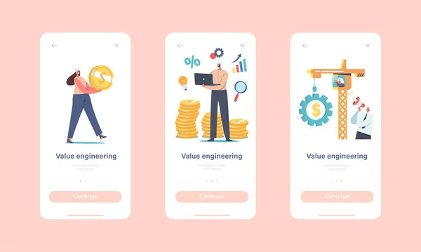 Value Engineering Mobile App Page Šablona na obrazovce. Inženýři postavy v tvrdé klobouky práce, sbírat zlaté mince — Stockový vektor