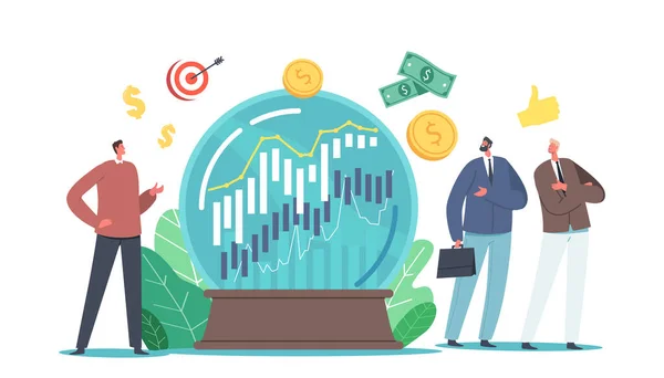 Voorspelling van markttendensen, bedrijfsprognoses. Kleine zakelijke personages bij Enorme Crystal Globe Proberen om voorraad te voorspellen — Stockvector