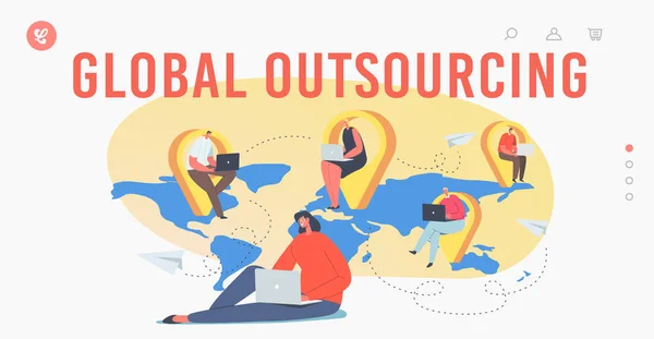 Global Outsourcing Landing Page Template. Podnikatelé s notebookem sedí u navigačních kolíků na mapě světa — Stockový vektor