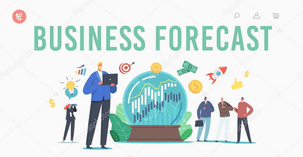 Business Prediction, Forecast of Market Trends Landing Page Template. Tiny Business Characters at Huge Crystal Globe