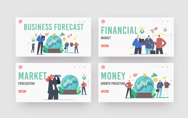 Business Prediction, Market Trends Forecast Landing Page Template Set. Obchodní znaky předpovídají ekonomický přínos — Stockový vektor