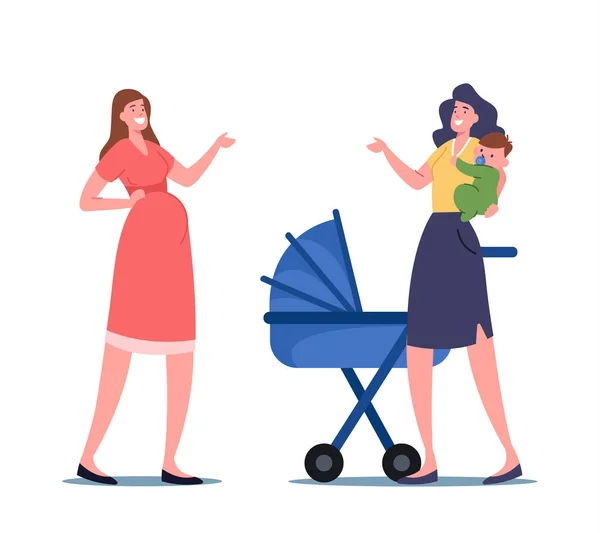 Terhes nő karakter és anya gyermekkel a kézen chat Beszélgetés a szülési szabadságról és az anyasággal kapcsolatos kérdésekről — Stock Vector