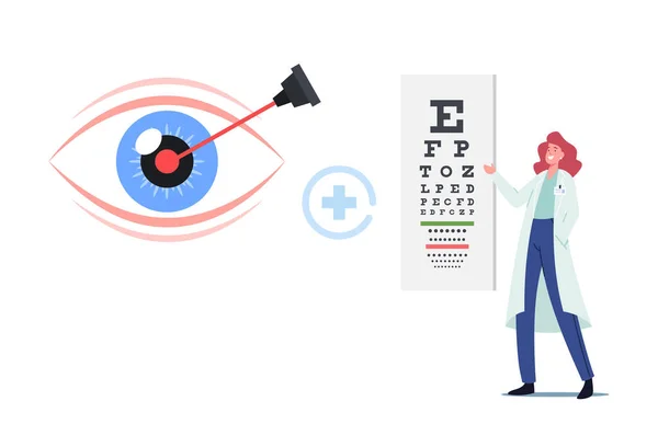 근시 및 근시 질환의 레이저 교정, 눈 수술 개념. Oculist Stand front of Huge Snellen Chart — 스톡 벡터