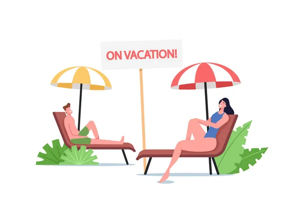 Young Man and Woman Lounging on Chaise Lounge under Sun Rays Relaxing on Sea Beach at Summer Time Vacation Holidays — Stock Vector