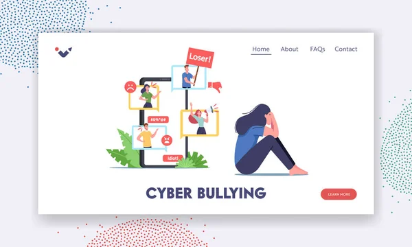 Cybermobbing, Social Attack, Bully Hate Landing Page Template. Teenager weint nach Mobbing am Smartphone-Bildschirm — Stockvektor