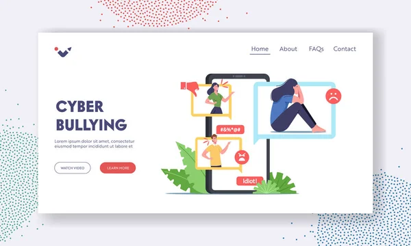 Cyberbullismo Attacco Landing Page Template. Odiatore prepotente o Troll che ride su Donna in Internet. Adolescente personaggio piangendo — Vettoriale Stock