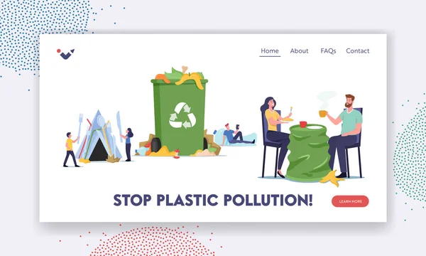 Stop plastic vervuiling landing pagina sjabloon. Mensen die in vuilnis leven, onhygiënische omstandigheden. Karakters in vuil gebied — Stockvector