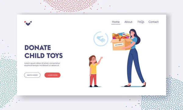 Plantilla de landing page de caridad. Mujer Donar Juguetes a Huérfanos, Caja de Donaciones, Ayuda Social a Niños, Voluntariado Femenino — Vector de stock