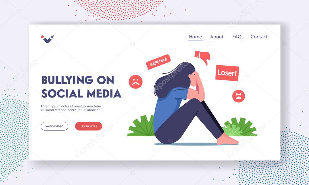 Bullying Harassment in Social Media Landing Page Template. Woman Sitting with Covered Face Crying after Being Bullied