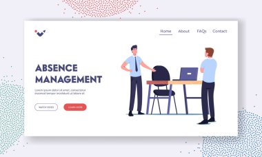 Yokluk Yönetim İniş Sayfa Şablonu. Hastalık izni ya da tatil. Şirket Patronu Karakter Standı Boş Ofis Masasında