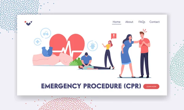 Cpr Modelo de página de aterragem de procedimento de emergência. Ressuscitação cardiopulmonar, primeiros socorros, personagem fazer massagem cardíaca —  Vetores de Stock