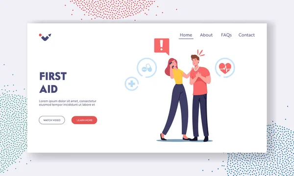 Plantilla de landing page de primeros auxilios. Personaje femenino llama a ambulancia para ayuda de emergencia, hombre con infarto en el pecho — Vector de stock