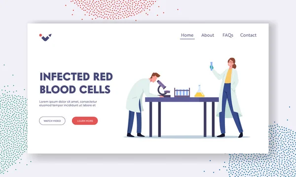 Infected Red Blood Cells Landing Page Template. Scientists Research in Laboratory, Man Look in Microscope, Chemistry — Stock Vector