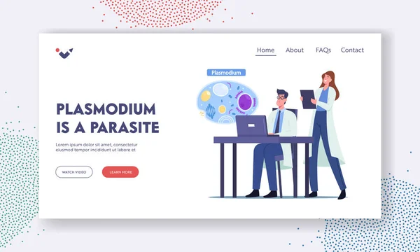 Modello di pagina iniziale di microbiologia. Scienziati Personaggi Imparare Plasmodium Parassiti Malaria Cause — Vettoriale Stock