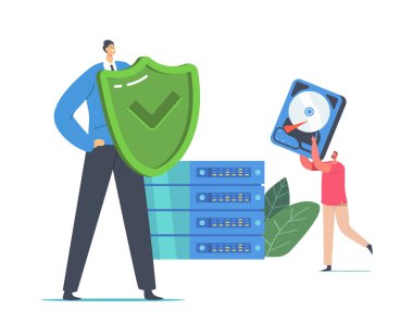 Data Backup Modern Teknolojiler, Baskın Konsepti. Dev Pc Bloğunda Kalkanı ve Sabit Diski olan Küçük Programcılar Karakterleri