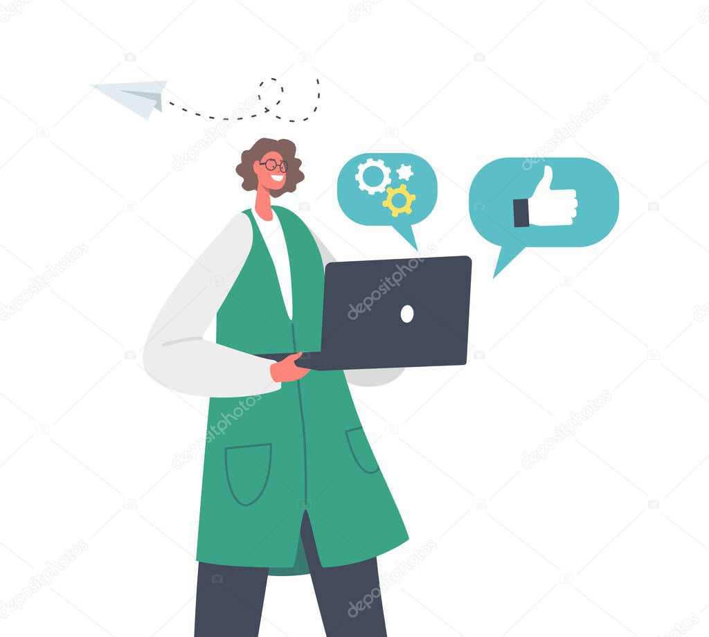 Happy Businesswoman Character Holding Laptop with Cogwheels, Thumb Up and Paper Airplane Icons Around. Brand Building