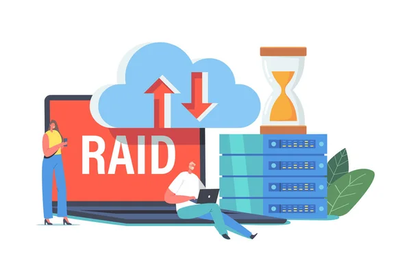 RAID-gegevensopslag in Datacenter, kleine karakters bij Enorme pc-blok, zandloper, Virtual Cloud. Innovatieve Hosting Server — Stockvector