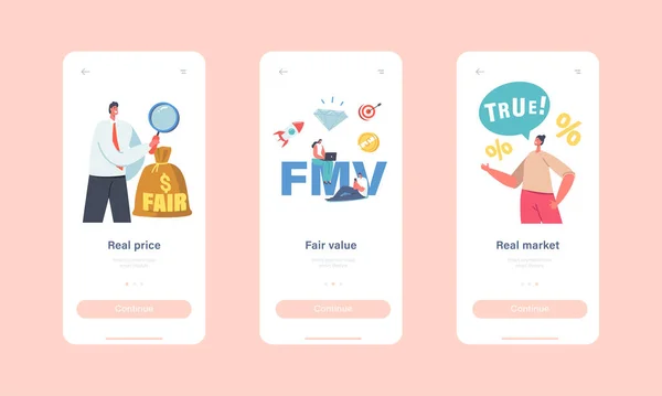 Fair Value Market, Real Price Mobile App Page Onboard Screen Template Характер крихітного бізнесмена з величезним склом — стоковий вектор