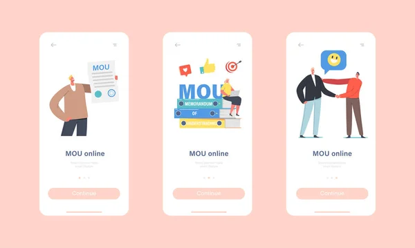 Memorando de Entendimento Mobile App Page Onboard Screen Template. Personagens de negócios Assinatura Documento MOU —  Vetores de Stock