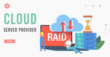 Bulut Sunucusu Sağlayıcı İniş Şablonu. Datacenter 'daki RAID Veri Depolama, Dev Pc Bloğundaki Minik Karakterler, Sunucu