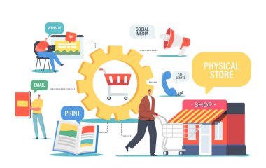 Omnichannel, Dijital Pazarlama Konsepti, Satıcı ve Müşteri Arasındaki Birkaç İletişim Kanalı. Karakter Ziyaret Dükkanı