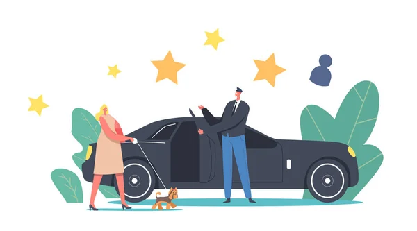 Personnage VIP avec chien en laisse Entrez dans la limousine avec porte ouverte du conducteur. Célébrité ou style de vie de personne très important — Image vectorielle