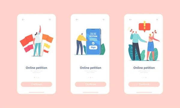 Page d'application mobile de pétition en ligne Modèle d'écran embarqué. Personnages minuscules près de Énorme Smartphone crier au mégaphone — Image vectorielle