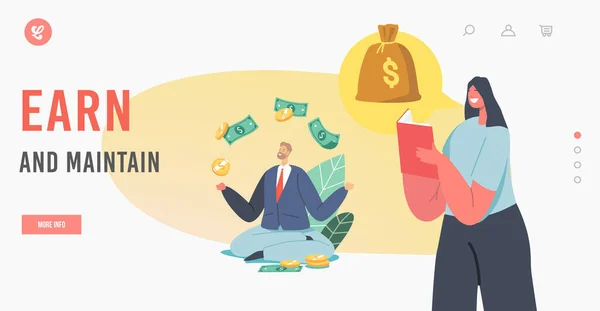 Ganar y mantener plantilla de Landing Page. Personajes ganando dinero, obtener ingresos pasivos. Inversión de acciones, trabajo en línea — Vector de stock