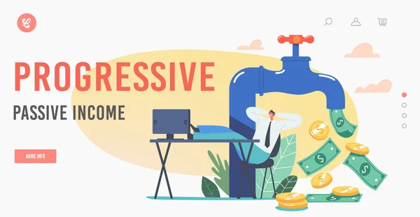 Progressive Passive Income Landing Page Template Крихітний бізнесмен Сидячи з ногами на конторі біля великих грошей — стоковий вектор