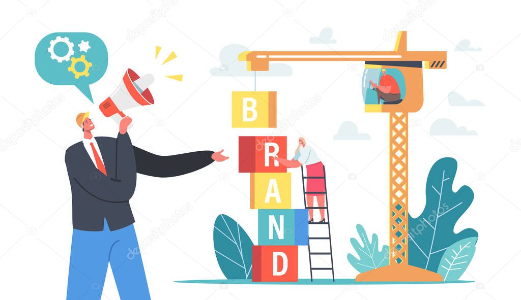 Businesspeople Characters Work on Crane Build Tower of Colored Cubes. Marketing and Promotional Campaign, Brand Awareness Building. Branded Workshop Concept. Cartoon People Vector Illustration