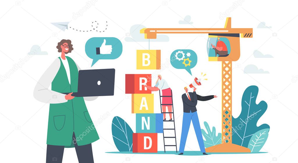 Brand Building Concept. Business Characters Work on Crane Create Corporate Identity, Company Personality Development. Reputation Management, Communication Guideline. Cartoon People Vector Illustration
