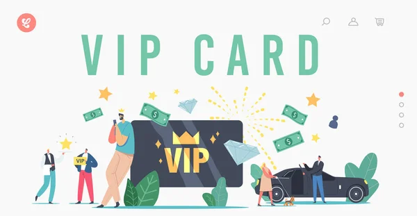 VIP Card, Celebrity Persons Lifestyle Landing Page Template. Personaggi con Carte d'Oro Premium Service, Donna con Cane — Vettoriale Stock