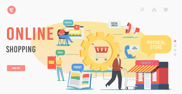 Modèle de page d'atterrissage d'achats en ligne. Omnichannel, Marketing numérique, Canal de communication entre le vendeur et le client — Image vectorielle