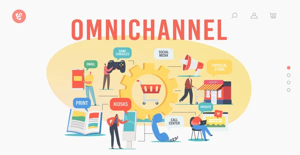 เทมเพลตหน้า Landing Page ของ Omnichannel หลายช่องทางระหว่างผู้ขายและลูกค้า การตลาดดิจิทัล, ช้อปปิ้งออนไลน์ — ภาพเวกเตอร์สต็อก
