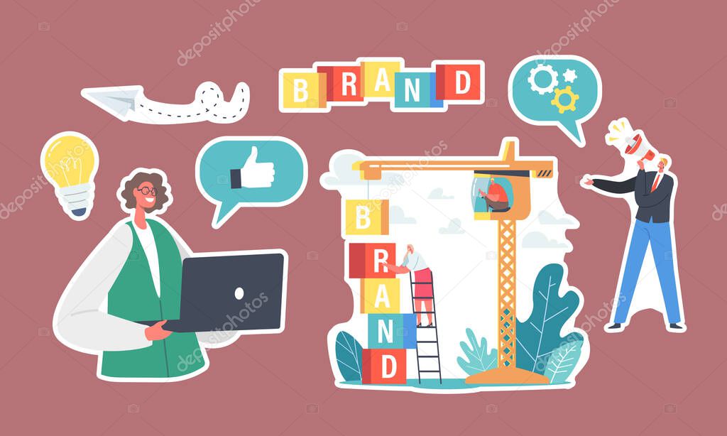 Set of Stickers Brand Building. Business Characters Work on Crane Create Corporate Identity, Woman with Laptop