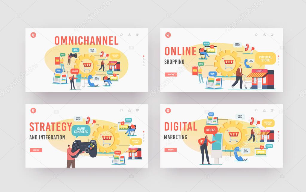 Omnichannel Landing Page Template Set. Several Channels Between Seller and Customer. Digital Marketing, Online Shopping